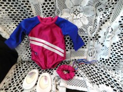 2015 AMERICAN GIRL GYMNASTICS SUIT BURGUNDY, PURPLE, SHOES, SCRUNCHIE, MEDAL